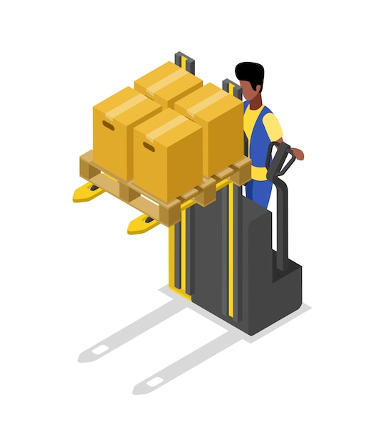 Forklift cart loading boxes isometric 3D illustration