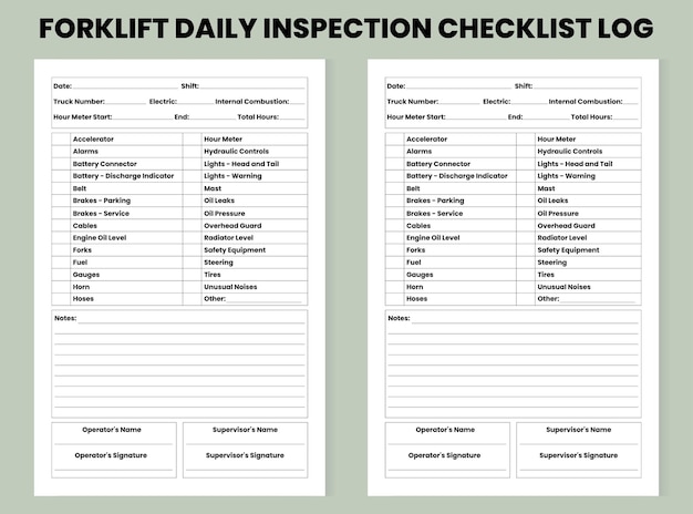 Forklift Daily Inspection Checklist Log for KDP Interior