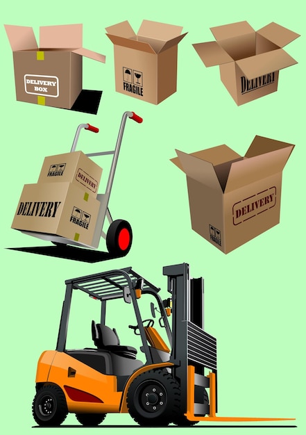 forklift hand truck carrying boxes and various cardboard boxes ready for shipping symbolizing delivery and logistics hand drawn illustration