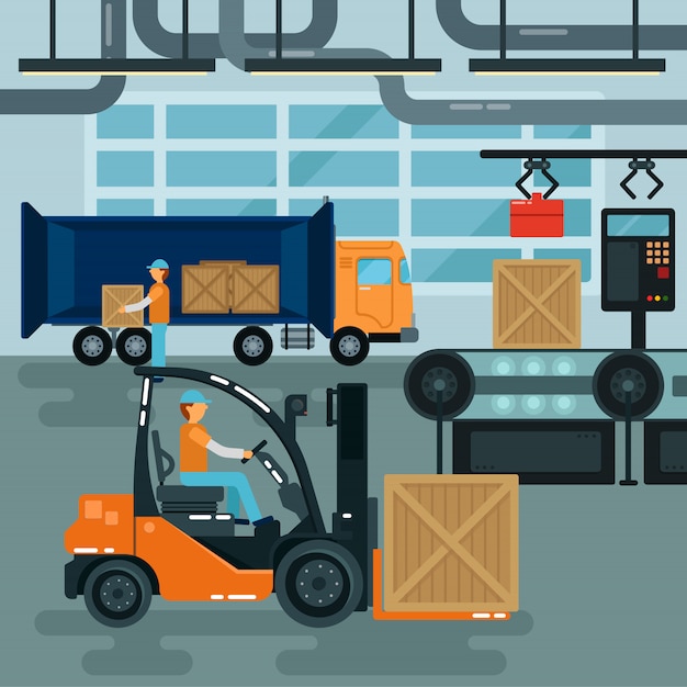 Forklift Inside Factory. Cargo Industry. Heavy Transportation. Warehouse Conveyor. 