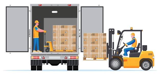 Forklift loading pallet boxes into lorry truck