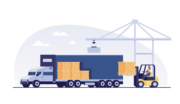 forklift loading pallet boxes into truck. vector illustration