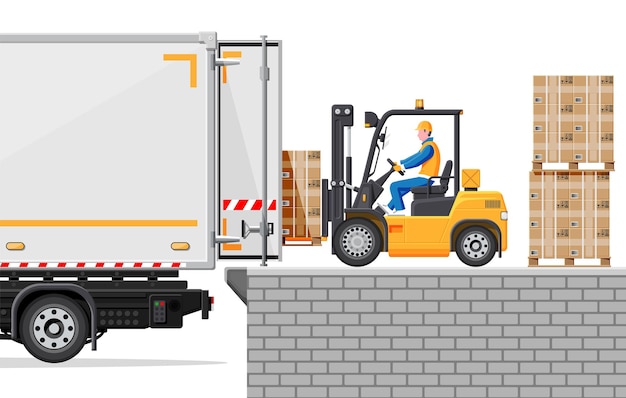 Vector forklift loading pallet boxes into truck. warehouseman with checklist. electric uploader loading cardboard boxes in delivery car. logistic shipping cargo. storage equipment. flat vector illustration