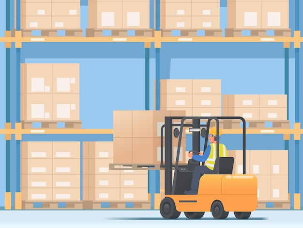 Forklift operator is placing goods on a stacker in a warehouse vector illustration in flat style