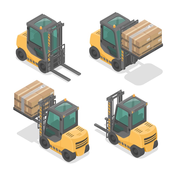 Forklift shipment warehouse front and back view element with heavy cargo logistics isometric set