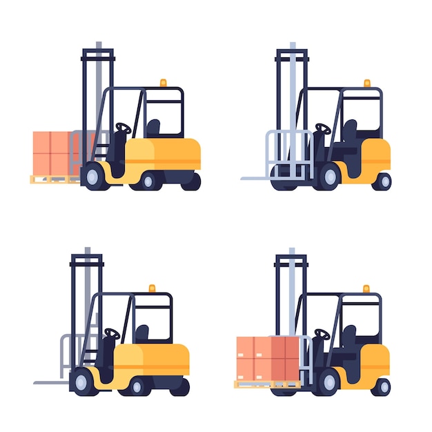 Forklift truck cargo Industrial transport Warehouse equipment for lifting cardboard boxes on pallet Freight logistic distribution in storehouse Package loading machine Vector isolated loaders set