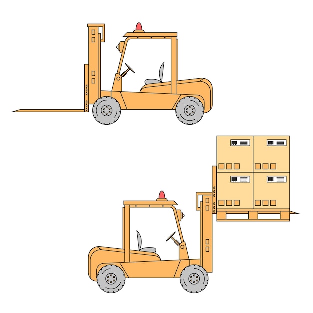 Вектор Вилочный погрузчик в плоском мультяшном стиле мультфильм и деревянный ящик векторные иллюстрации