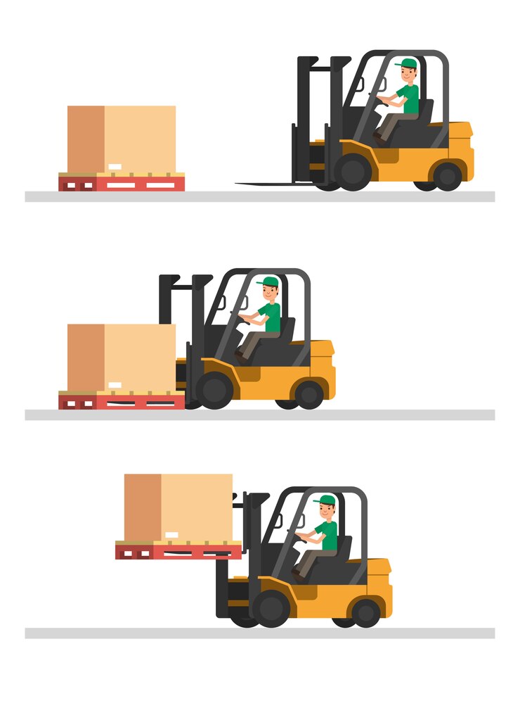 Vector forklift truck shipping step in warehouse