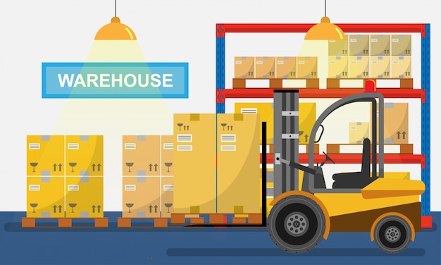 Forklift truck in Warehouse with boxes 