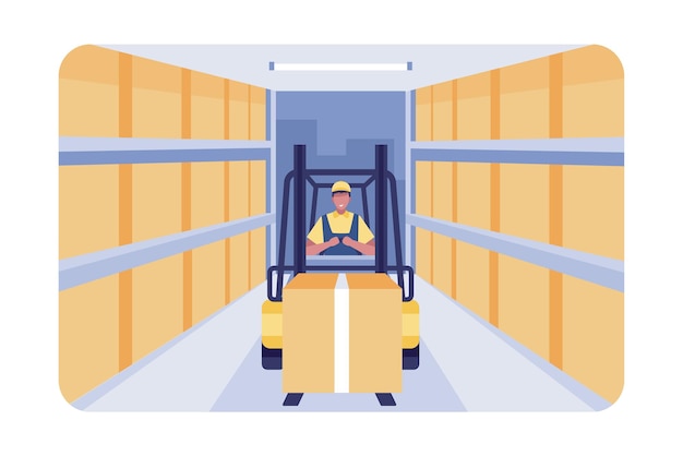 Vector forklift truck with man driving.