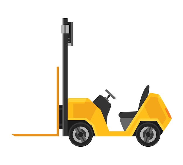 Vector forklift warehouse or storage equipment yellow machine without driver isolated on white background delivery shipment or logistic cargo electric uploader supply storage service