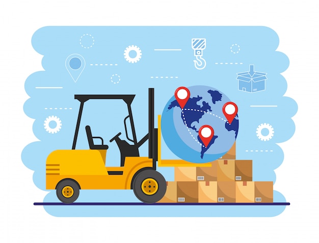 forklift with global map location and boxes package