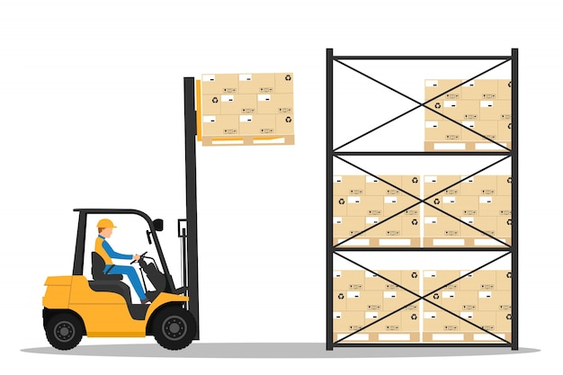 Forklift with man driving in the warehouse