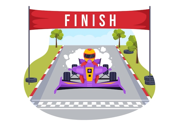 Vector formula racing sport car reach on race circuit the finish line cartoon illustration to win