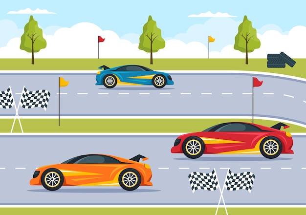 Formula Racing Sport Car Reach on Race Circuit the Finish Line Cartoon Illustration