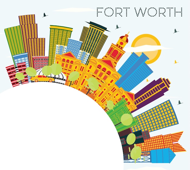 Fort Worth Texas City Skyline with Color Buildings Blue Sky and Copy Space Vector Illustration Business Travel and Tourism Concept with Modern Architecture Fort Worth Cityscape with Landmarks