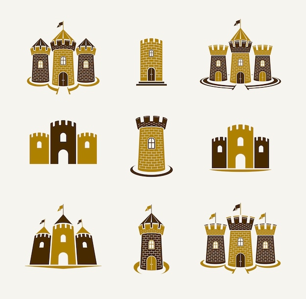 Forten emblemen vector emblemen grote set, kastelen heraldische design elementen collectie, klassieke stijl heraldiek architectuur symbolen, antieke forten en burchten.