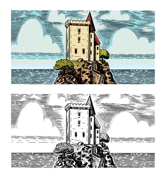 E una fortezza su un castello di montagna rocciosa sullo sfondo del mare inciso francese o italiano