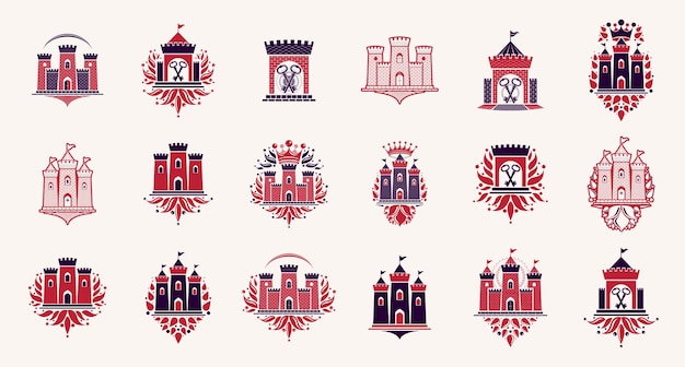 Vector fortresses emblems vector emblems big set, castles heraldic design elements collection, classic style heraldry architecture symbols, antique forts and citadels.