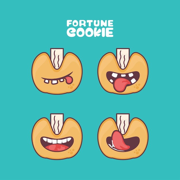 Fortune cookies cartoon snack vectorillustratie met verschillende mond expressies