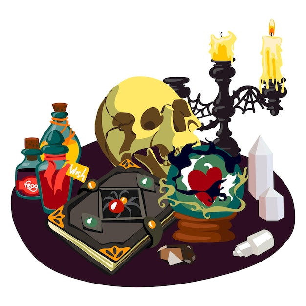 Vector fortune tellers table with magical items esoteric and mystical recipes magic ball skull potions