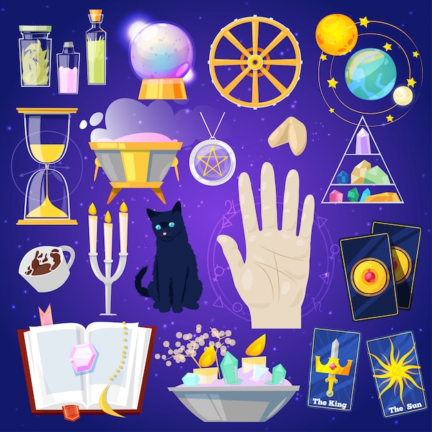 Vector fortune telling  fortune-telling or fortunate magic of magician with cards and candles illustration