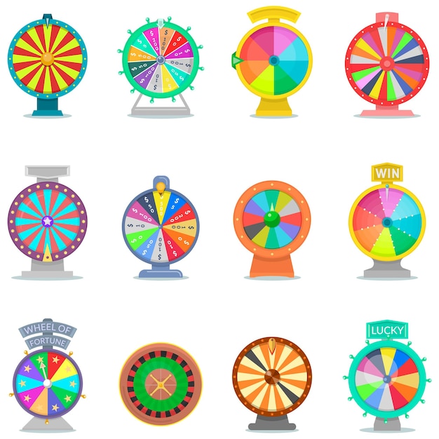 Fortune wheel vector spin game icons casino roulette with arrow lucky winner or bankrupt in fortunate wheeled lottery bet set illustration isolated on white background.