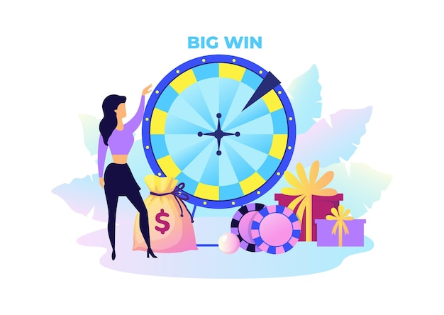 fortune wheel woman with presents and money big win in lottery concept rotating circle for raffling prizes casino or entertaining television show vector banner of gambling and risky game