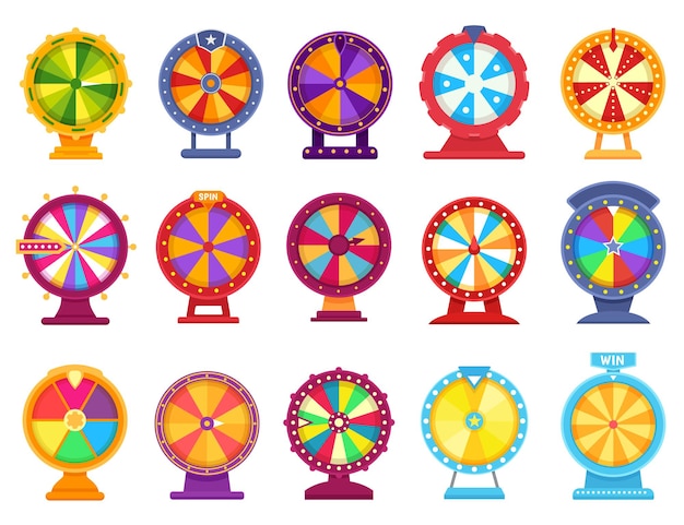 Fortune wheels, lucky spinning roulette, casino spin game. Colorful prize wheel, lottery prize roulettes games, money gambling flat vector set. Rotating equipment with random slots