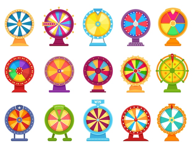 Fortune wheels, spinning roulette, lucky spin game. Casino gambling wheel, colorful turning roulette, jackpot lottery games flat vector set. Opportunity to win or lose, entertainment