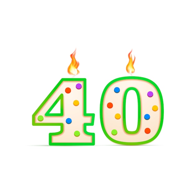 Vector forty years anniversary, 40 number shaped birthday candle with fire on white