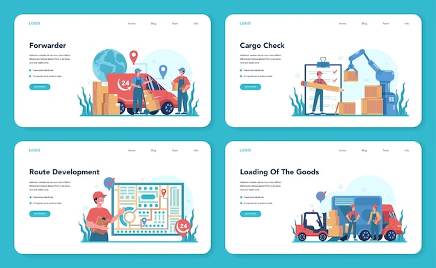 Forwarder web banner or landing page set. loader in uniform delivering a cargo. delivery man holding box. transportation service concept.