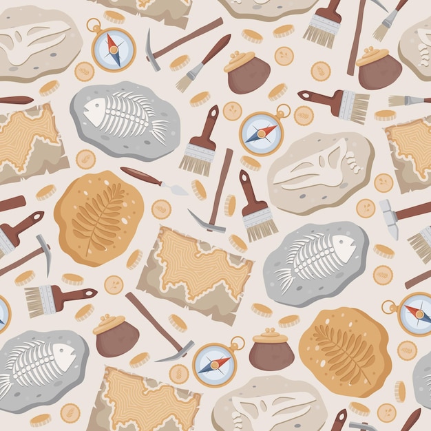 Vector fossil fish and dinosaurs skeletons maps compass coins brushes and
