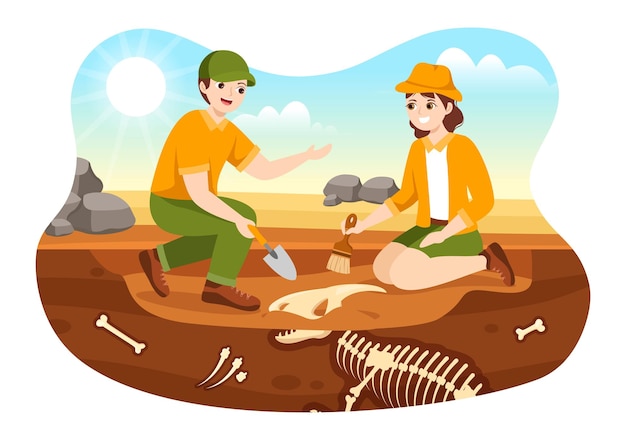 考古学者との化石の図は、発掘または土壌層の掘削で恐竜の骨格を見つける