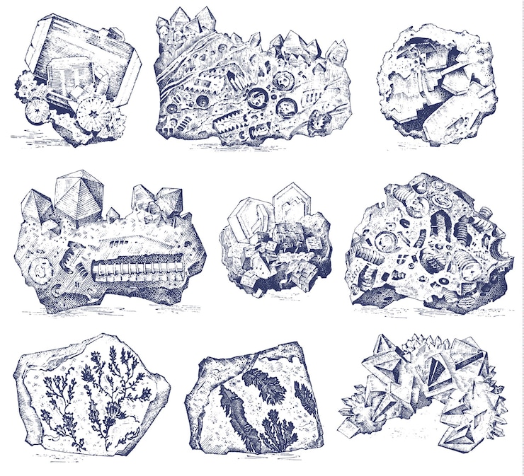 Vector fossilized plants stones and minerals crystals prehistoric animals archeology or paleontology fragment fossils engraved hand drawn in old sketch and vintage style