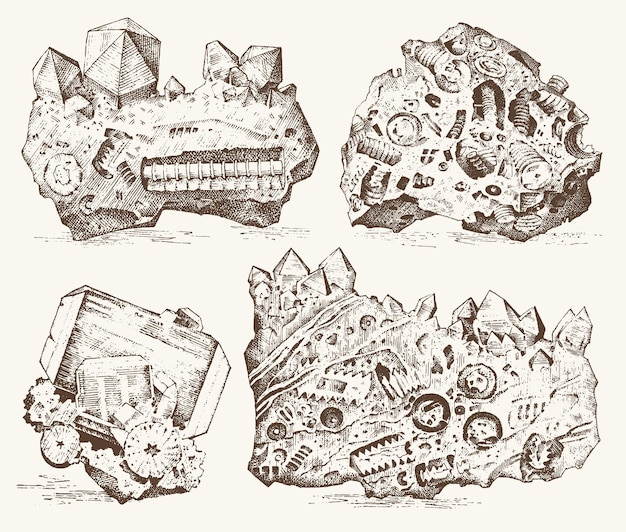 Piante fossili pietre e minerali cristalli animali preistorici archeologia o paleontologia frammento fossili incisi disegnati a mano in vecchio schizzo e stile vintage