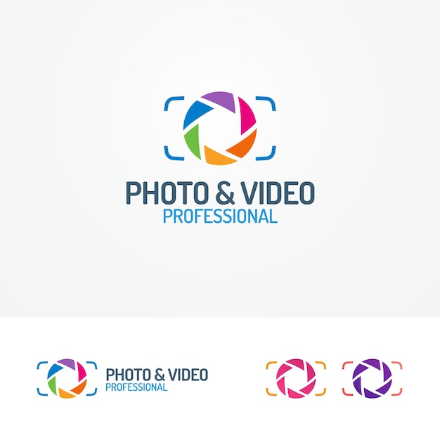 Foto en video logo set met diafragma moderne platte kleur stijl kan voor gebruik fotostudio, fotoalbum, fotoschool, fotoeducatie, fotolaboratorium, voedselfoto, bruiloft en enz. Vector illustratie