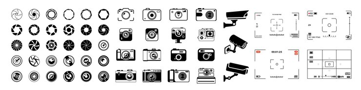 Foto icon set Iconen van fotografie beeld fotogalerij videocamera en fotocamera Diafragma icoon