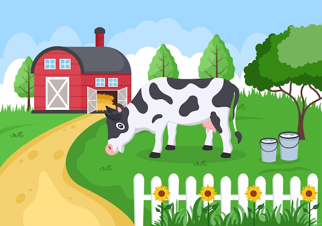 Vector foto's van melkkoeien met uitzicht op de weide of een boerderij op het platteland om gras te eten als illustratie