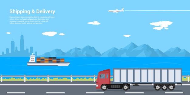 Vector foto van een vrachtwagen op de weg, schip in de zee en vliegtuig in de lucht met bergen en grote stad silhouet op achtergrond, verzending en levering concept, stijl illustratie