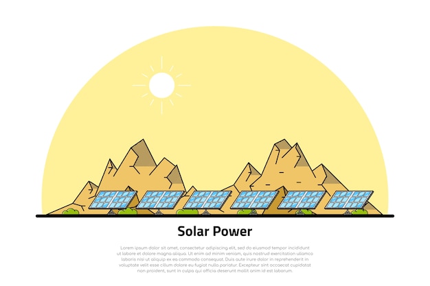 Foto van zonnebatterijen met bergen op achtergrond, concept van hernieuwbare zonne-energie