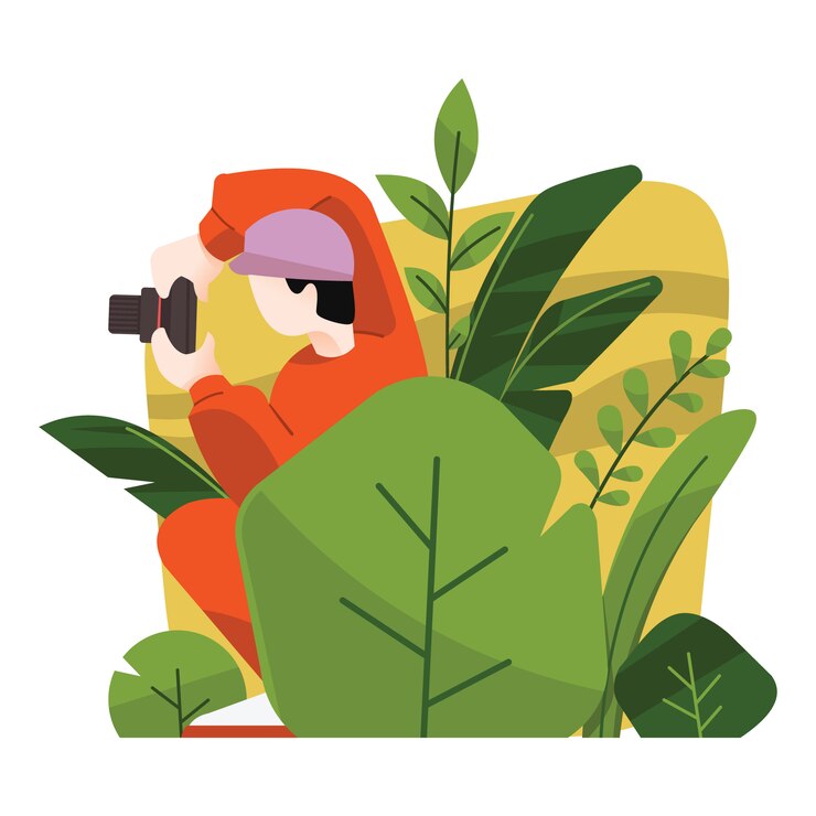 Vector fotograaf die in struiken verbergen die foto nemen