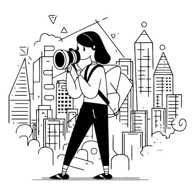 Fotograaf met camera in dunne lijnstijl op de achtergrond van de stad