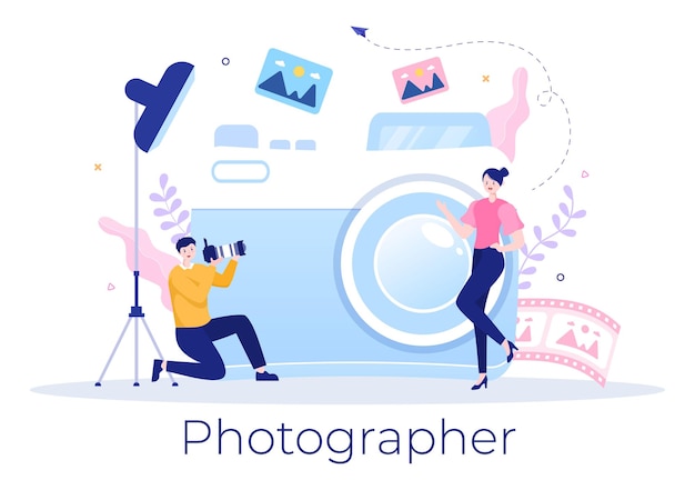 Fotograaf platte ontwerp achtergrond met camera, digitale film apparatuur technologie en foto persoon in cartoon stijl vectorillustratie