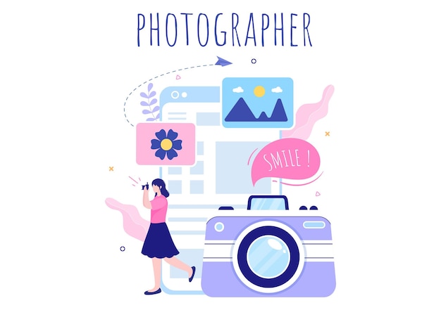 Fotograaf platte ontwerp achtergrond met camera, digitale film apparatuur technologie en foto persoon in cartoon stijl vectorillustratie