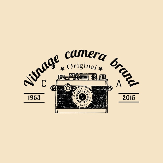 Fotografie logo vector vintage oude camera label badge embleem hand getekende illustratie voor studio winkel enz