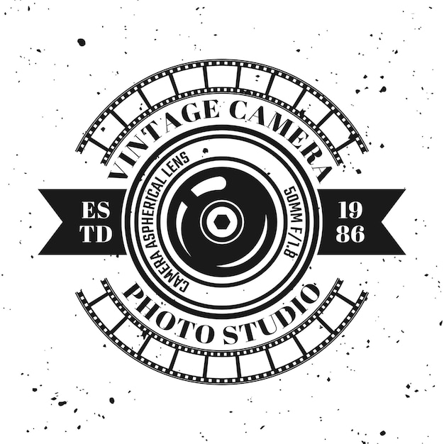 Fotografie vector embleem, label, badge of logo in vintage zwart-wit stijl geïsoleerd op de achtergrond met verwijderbare grunge textuur