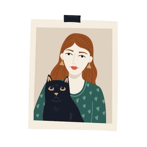 Vector fotokaart met meisje en zwarte kat vector schattig karakterontwerp gelukkige huisdiereneigenaar