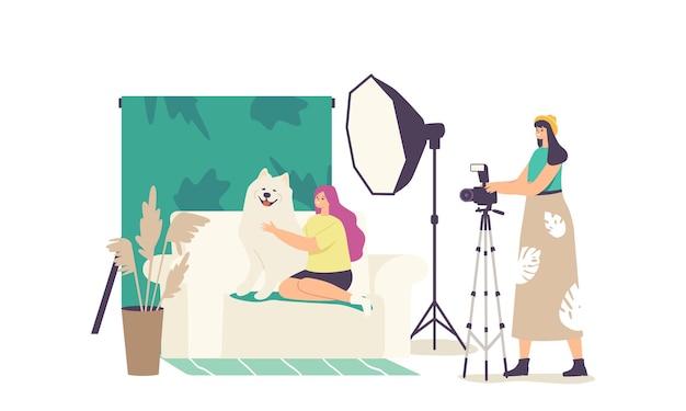 Fotosessie voor huisdieren, fotoshoot voor huisdieren. fotograaf vrouwelijke personage maken foto van meisje knuffelen hond zittend op de bank in professionele studio met apparatuur. cartoon vectorillustratie