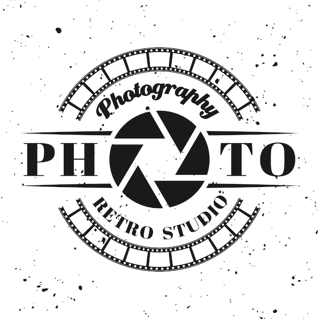 Fotostudio vector embleem, label, badge of logo in vintage zwart-wit stijl geïsoleerd op de achtergrond met verwijderbare grunge textuur